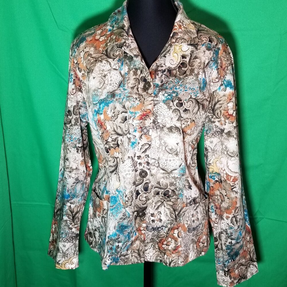 CHICOS Jacket Floral Brown Long Sleeve Retro Boho Hippie Peasant Womens Size 1